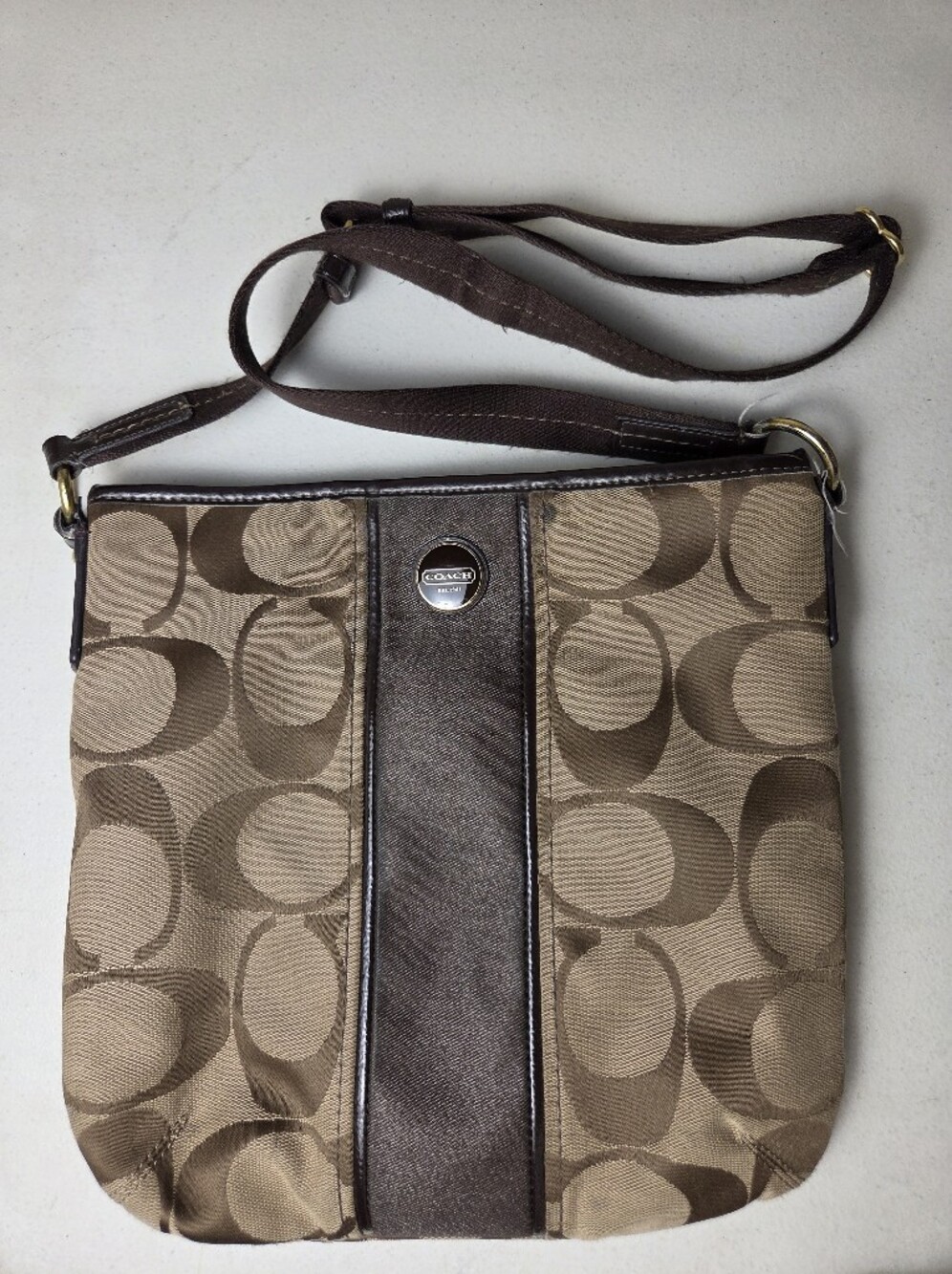 COACH E1305-F21905 Signature Stripe Duffle Handbag TRAVEL Fabric LOGO Brown